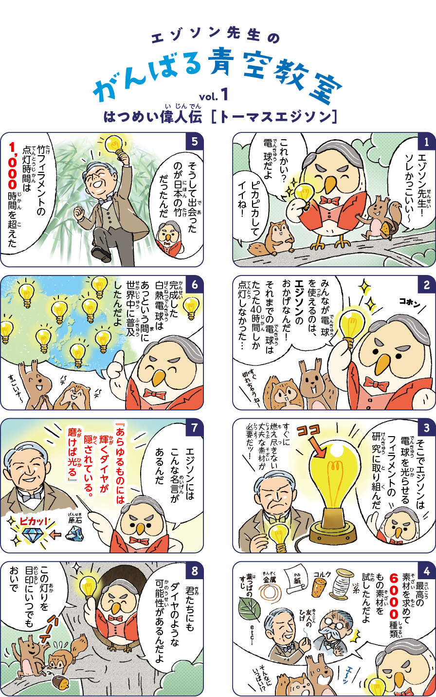 みんなが電球を使えるのは、エジソンのおかげなんだ！ / そこでエジソンは電池を光らせるフィラメントの研究に取り組んだ / 『あらゆるものには輝くダイヤが隠されている。磨けば光る』
