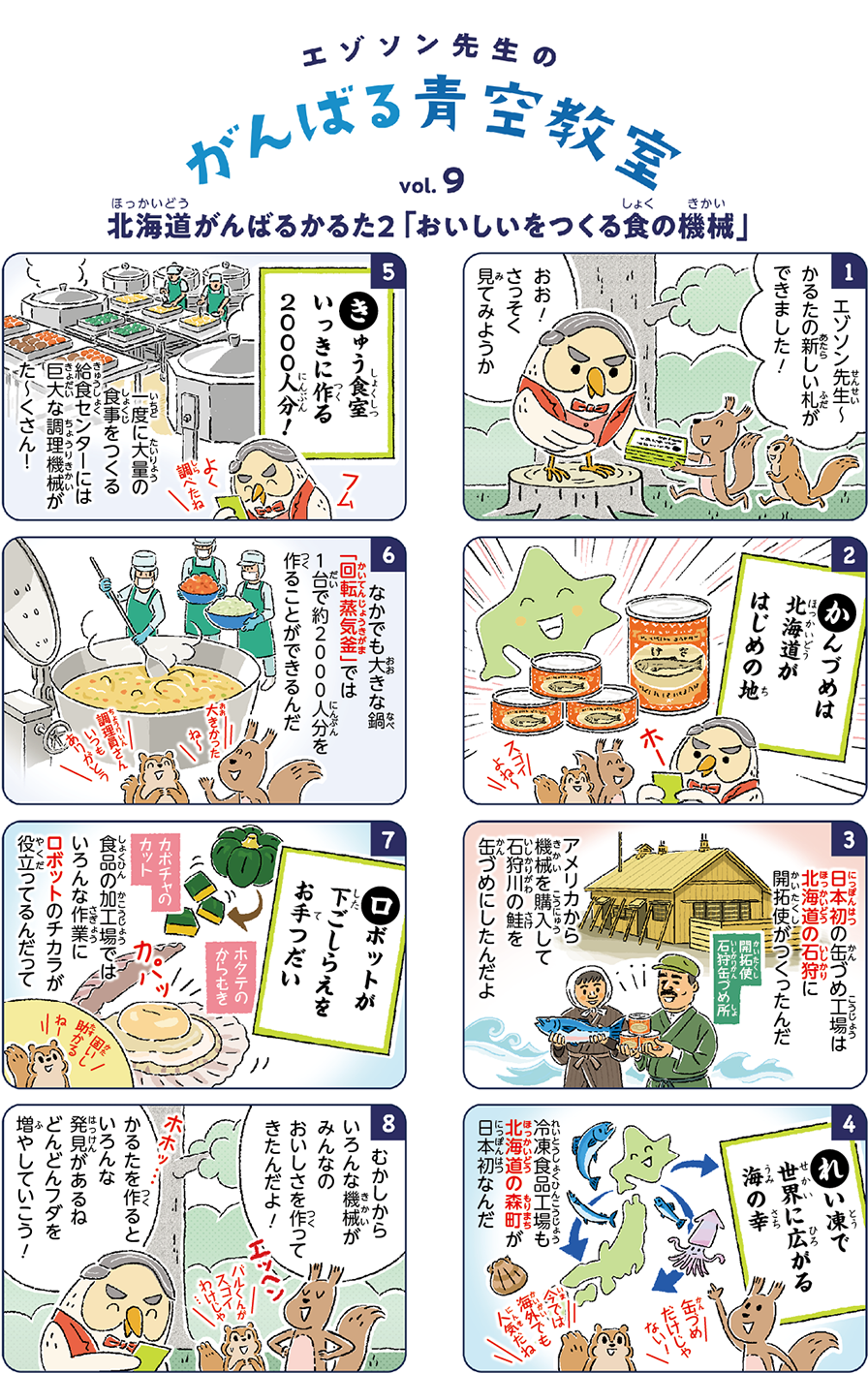かんづめは北海道がはじめの地 / 日本初の缶づめ工場は北海道の石狩に開拓使がつくったんだ / 冷凍食品工場も北海道の森町が日本初なんだ